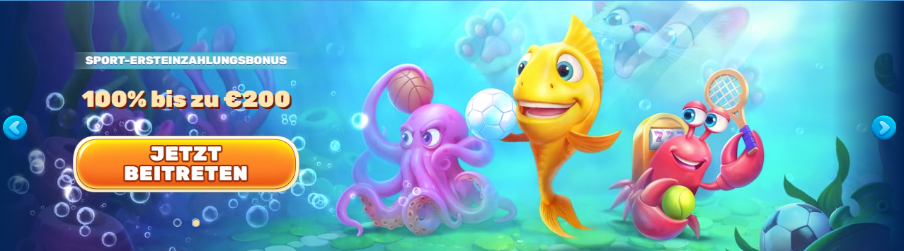 nderwater-themed casino promotion showing a smiling yellow fish spinning a wheel, a purple octopus holding cards, and a red crab slot-machine character surrounded by chips.