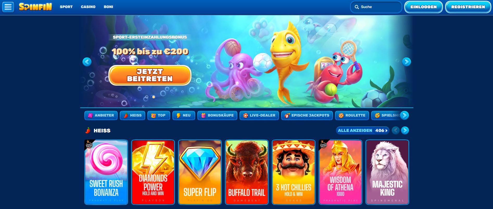 Underwater-themed online casino header featuring a cartoon octopus with playing cards, a fish carrying poker chips, and a crab holding coins.