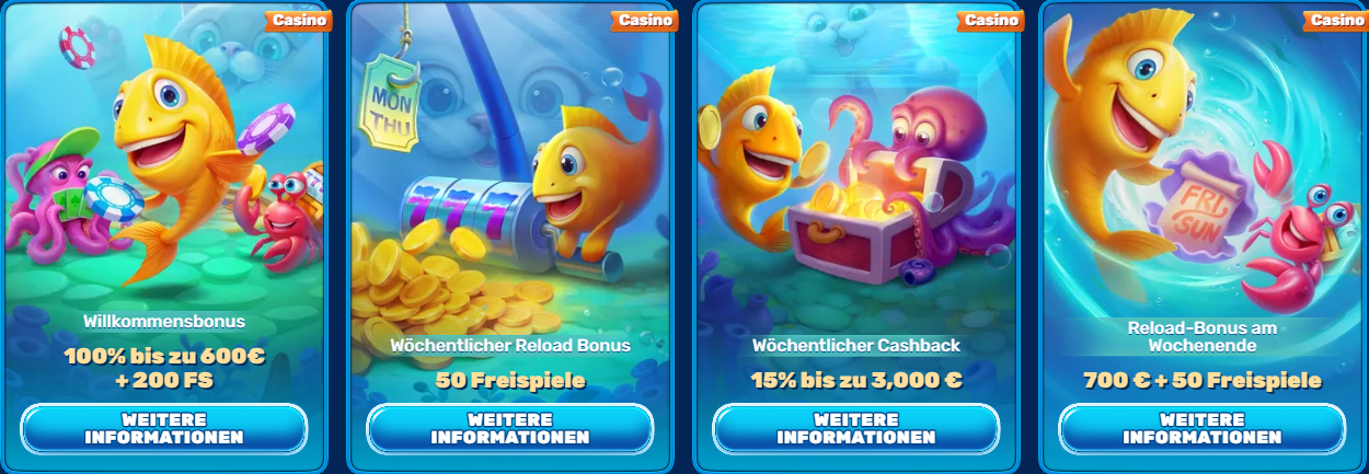 Cartoon yellow fish with a green turtle in a purple shell full of cash, coins, and reward cards, promoting